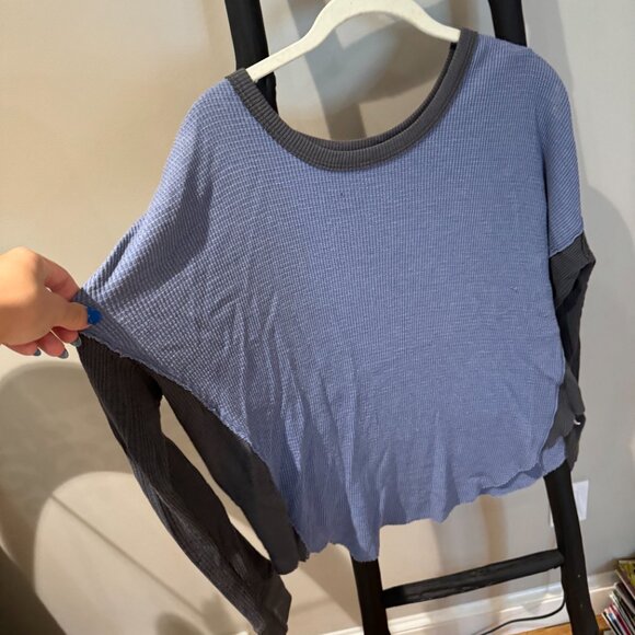 Free People Blue and Grey Waffle Knit Long Sleeve T-Shirt - Picture 2 of 4